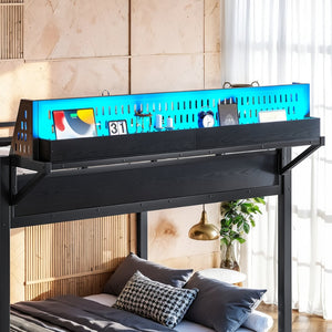 English Elm Full Over Metal Bunk Bed with USB Ports LED Lighting Shelves and Pegboard Black W5316S00051