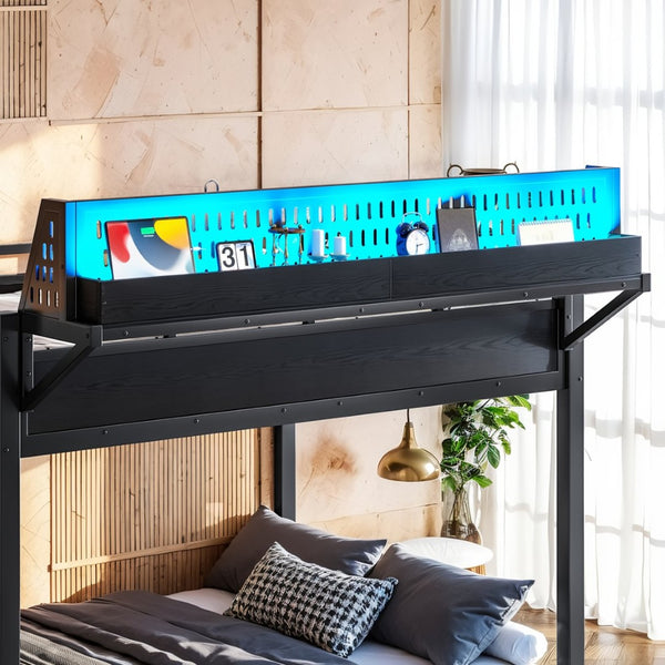 English Elm Full Over Metal Bunk Bed with USB Ports LED Lighting Shelves and Pegboard Black W5316S00051