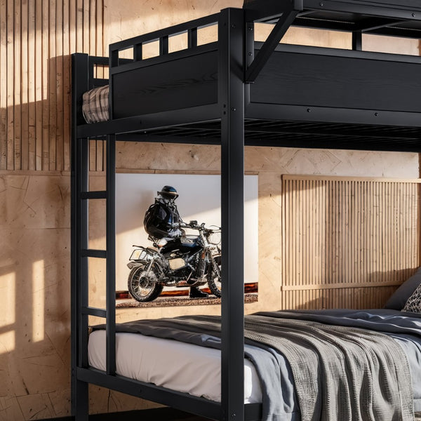 English Elm Full Over Metal Bunk Bed with USB Ports LED Lighting Shelves and Pegboard Black W5316S00051