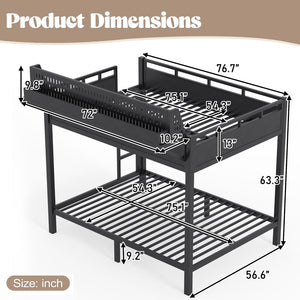 English Elm Full Over Metal Bunk Bed with USB Ports LED Lighting Shelves and Pegboard Black W5316S00051