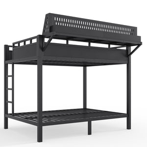 English Elm Full Over Metal Bunk Bed with USB Ports LED Lighting Shelves and Pegboard Black W5316S00051