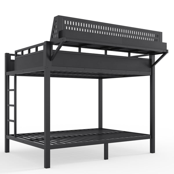 English Elm Full Over Metal Bunk Bed with USB Ports LED Lighting Shelves and Pegboard Black W5316S00051