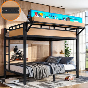 English Elm Full Over Metal Bunk Bed with USB Ports LED Lighting Shelves and Pegboard Natural W5316S00052