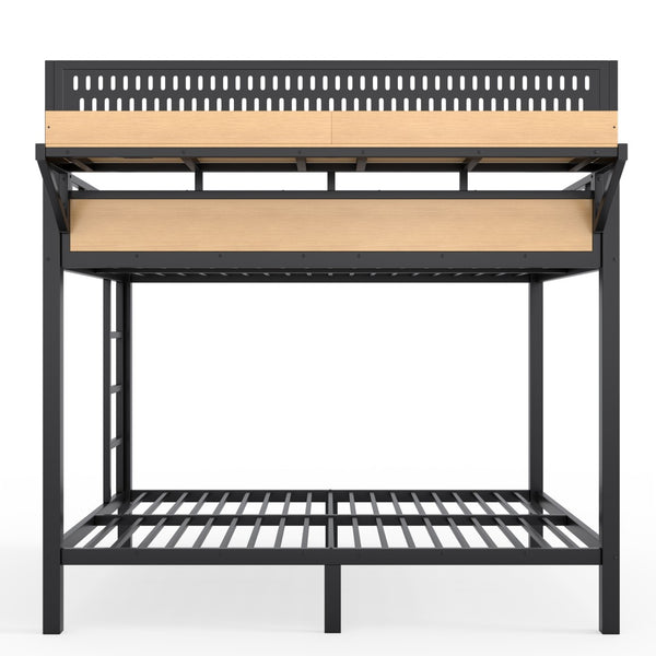 English Elm Full Over Metal Bunk Bed with USB Ports LED Lighting Shelves and Pegboard Natural W5316S00052