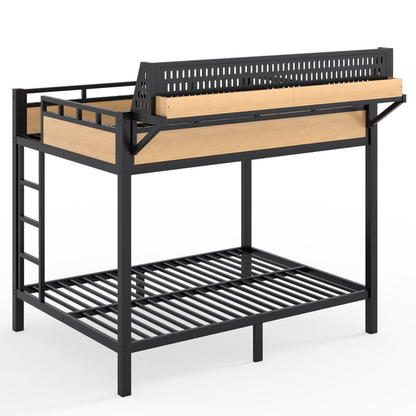 English Elm Full Over Metal Bunk Bed with USB Ports LED Lighting Shelves and Pegboard Natural W5316S00052