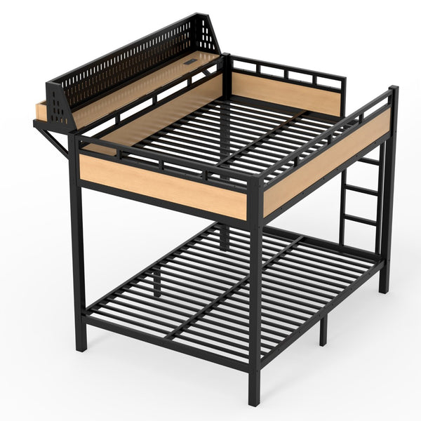English Elm Full Over Metal Bunk Bed with USB Ports LED Lighting Shelves and Pegboard Natural W5316S00052
