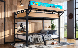 English Elm Full Over Metal Bunk Bed with USB Ports LED Lighting Shelves and Pegboard Natural W5316S00052