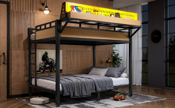 English Elm Full Over Metal Bunk Bed with USB Ports LED Lighting Shelves and Pegboard Natural W5316S00052