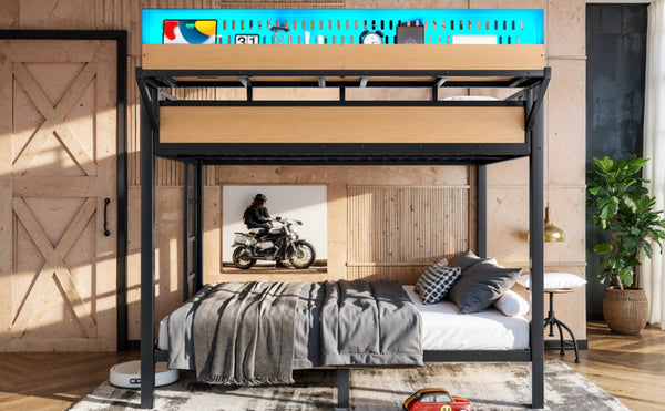 English Elm Full Over Metal Bunk Bed with USB Ports LED Lighting Shelves and Pegboard Natural W5316S00052