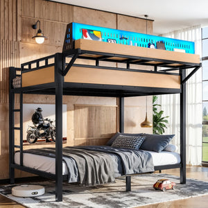 English Elm Full Over Metal Bunk Bed with USB Ports LED Lighting Shelves and Pegboard Natural W5316S00052