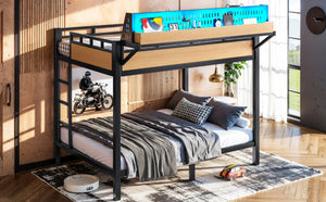 English Elm Full Over Metal Bunk Bed with USB Ports LED Lighting Shelves and Pegboard Natural W5316S00052