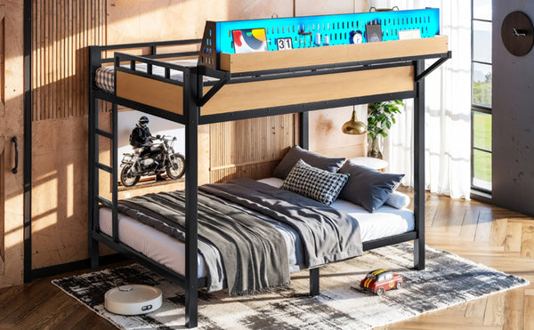 English Elm Full Over Metal Bunk Bed with USB Ports LED Lighting Shelves and Pegboard Natural W5316S00052