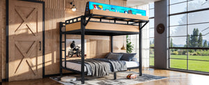 English Elm Full Over Metal Bunk Bed with USB Ports LED Lighting Shelves and Pegboard Natural W5316S00052
