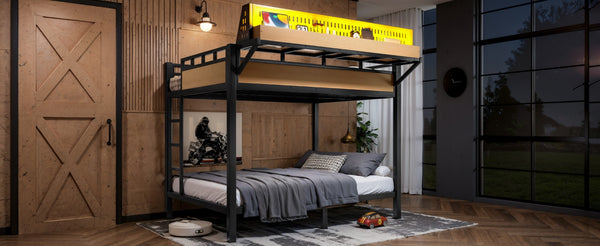 English Elm Full Over Metal Bunk Bed with USB Ports LED Lighting Shelves and Pegboard Natural W5316S00052