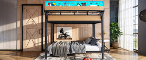 English Elm Full Over Metal Bunk Bed with USB Ports LED Lighting Shelves and Pegboard Natural W5316S00052