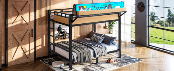 English Elm Full Over Metal Bunk Bed with USB Ports LED Lighting Shelves and Pegboard Natural W5316S00052