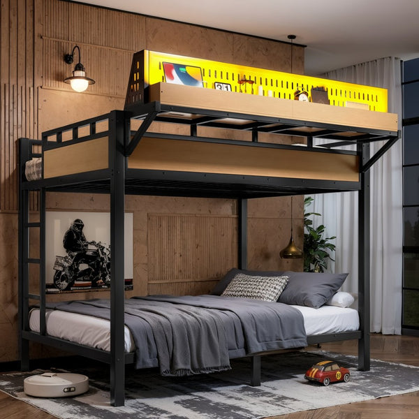 English Elm Full Over Metal Bunk Bed with USB Ports LED Lighting Shelves and Pegboard Natural W5316S00052