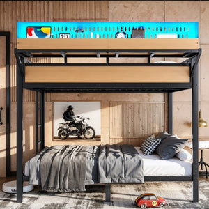 English Elm Full Over Metal Bunk Bed with USB Ports LED Lighting Shelves and Pegboard Natural W5316S00052