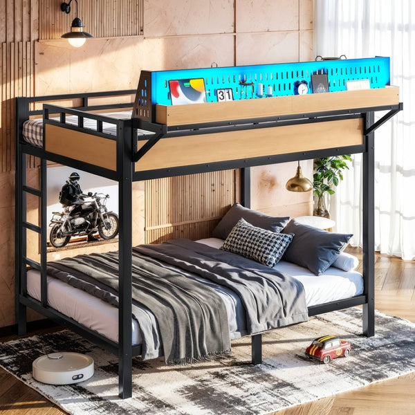 English Elm Full Over Metal Bunk Bed with USB Ports LED Lighting Shelves and Pegboard Natural W5316S00052
