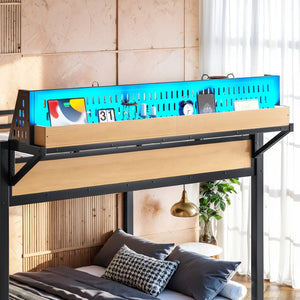 English Elm Full Over Metal Bunk Bed with USB Ports LED Lighting Shelves and Pegboard Natural W5316S00052