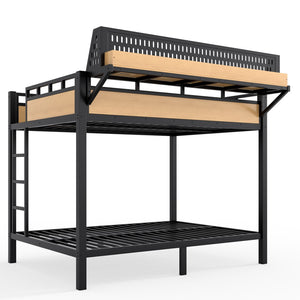 English Elm Full Over Metal Bunk Bed with USB Ports LED Lighting Shelves and Pegboard Natural W5316S00052