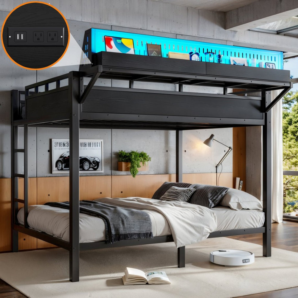 English Elm Queen Over Metal Bunk Bed with LED Lighting USB Ports Shelves and Pegboard Black W5316S00053