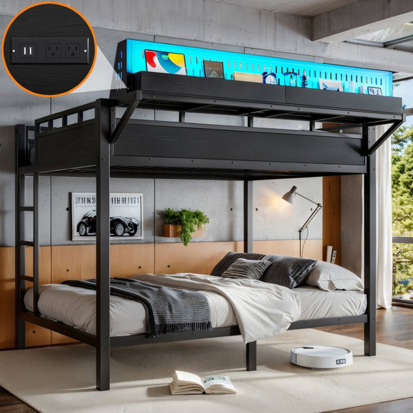 English Elm Queen Over Metal Bunk Bed with LED Lighting USB Ports Shelves and Pegboard Black W5316S00053