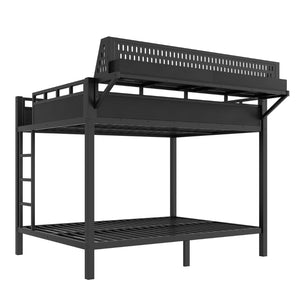 English Elm Queen Over Metal Bunk Bed with LED Lighting USB Ports Shelves and Pegboard Black W5316S00053