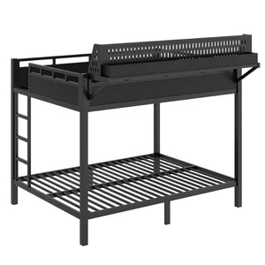 English Elm Queen Over Metal Bunk Bed with LED Lighting USB Ports Shelves and Pegboard Black W5316S00053