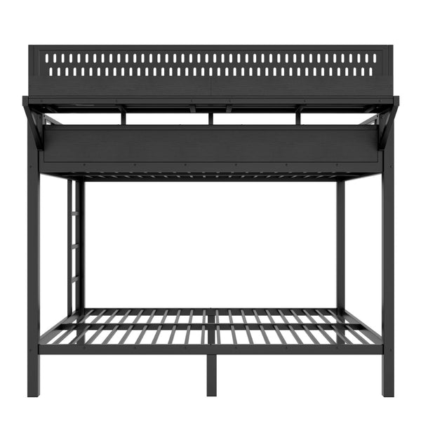 English Elm Queen Over Metal Bunk Bed with LED Lighting USB Ports Shelves and Pegboard Black W5316S00053