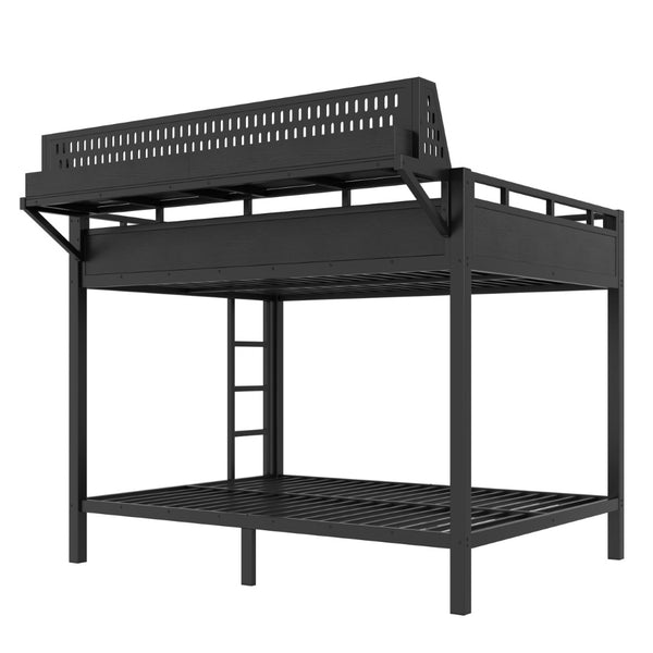 English Elm Queen Over Metal Bunk Bed with LED Lighting USB Ports Shelves and Pegboard Black W5316S00053