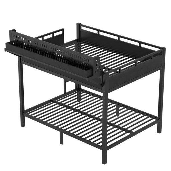 English Elm Queen Over Metal Bunk Bed with LED Lighting USB Ports Shelves and Pegboard Black W5316S00053