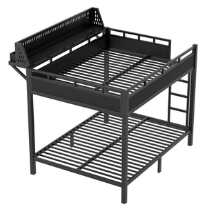 English Elm Queen Over Metal Bunk Bed with LED Lighting USB Ports Shelves and Pegboard Black W5316S00053