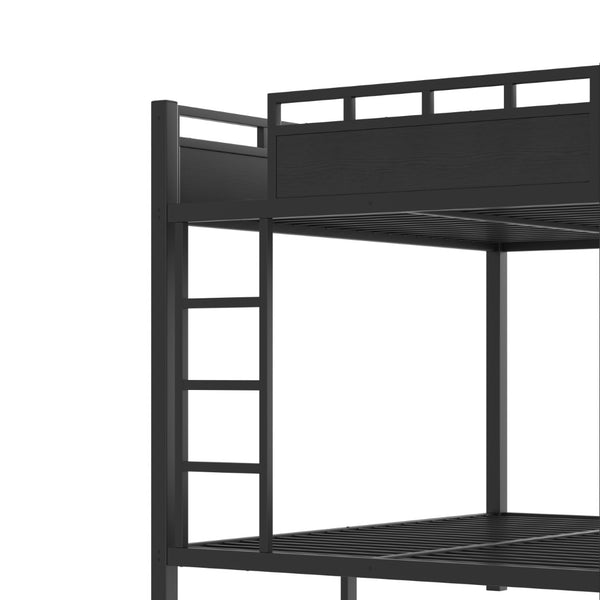 English Elm Queen Over Metal Bunk Bed with LED Lighting USB Ports Shelves and Pegboard Black W5316S00053