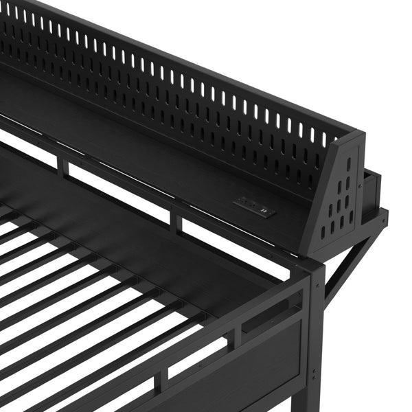 English Elm Queen Over Metal Bunk Bed with LED Lighting USB Ports Shelves and Pegboard Black W5316S00053