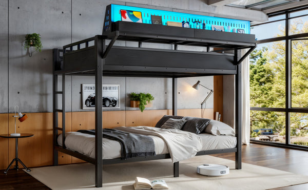 English Elm Queen Over Metal Bunk Bed with LED Lighting USB Ports Shelves and Pegboard Black W5316S00053