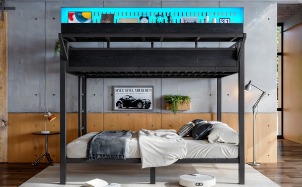 English Elm Queen Over Metal Bunk Bed with LED Lighting USB Ports Shelves and Pegboard Black W5316S00053
