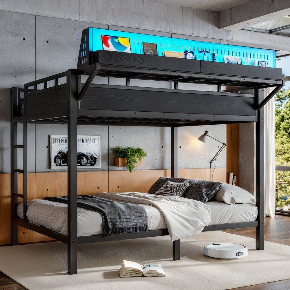 English Elm Queen Over Metal Bunk Bed with LED Lighting USB Ports Shelves and Pegboard Black W5316S00053