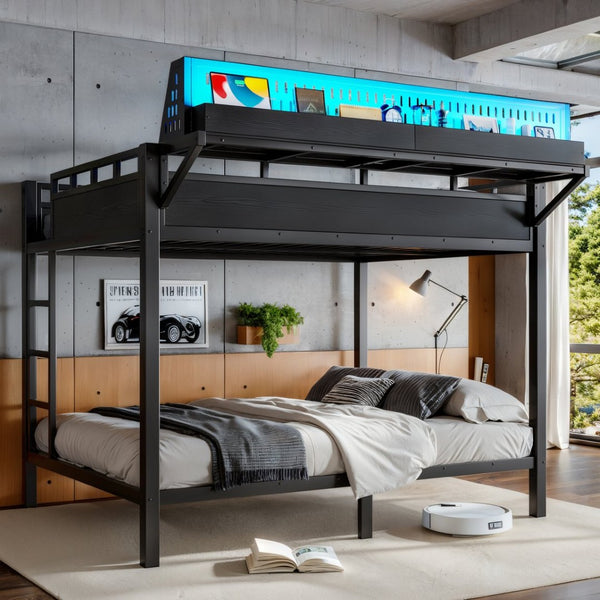 English Elm Queen Over Metal Bunk Bed with LED Lighting USB Ports Shelves and Pegboard Black W5316S00053