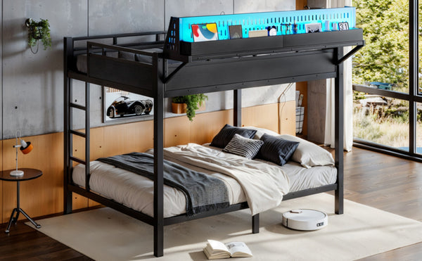 English Elm Queen Over Metal Bunk Bed with LED Lighting USB Ports Shelves and Pegboard Black W5316S00053