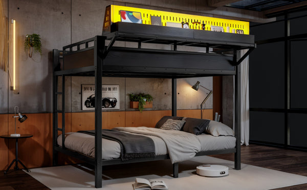 English Elm Queen Over Metal Bunk Bed with LED Lighting USB Ports Shelves and Pegboard Black W5316S00053