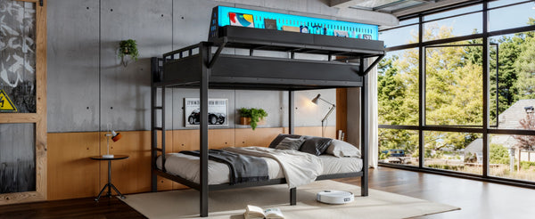 English Elm Queen Over Metal Bunk Bed with LED Lighting USB Ports Shelves and Pegboard Black W5316S00053