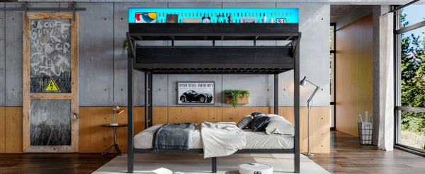 English Elm Queen Over Metal Bunk Bed with LED Lighting USB Ports Shelves and Pegboard Black W5316S00053
