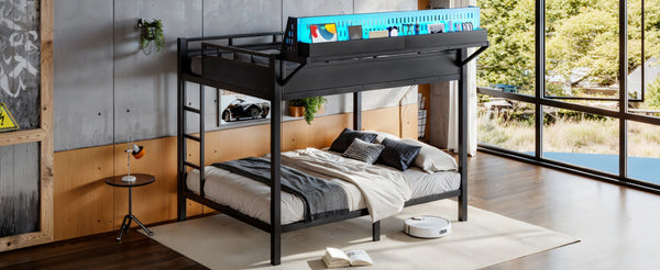 English Elm Queen Over Metal Bunk Bed with LED Lighting USB Ports Shelves and Pegboard Black W5316S00053