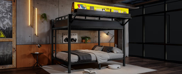 English Elm Queen Over Metal Bunk Bed with LED Lighting USB Ports Shelves and Pegboard Black W5316S00053