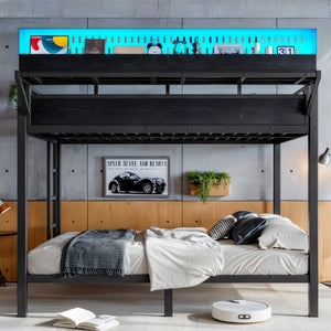 English Elm Queen Over Metal Bunk Bed with LED Lighting USB Ports Shelves and Pegboard Black W5316S00053