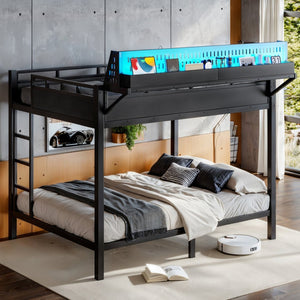 English Elm Queen Over Metal Bunk Bed with LED Lighting USB Ports Shelves and Pegboard Black W5316S00053