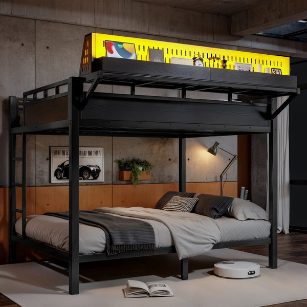 English Elm Queen Over Metal Bunk Bed with LED Lighting USB Ports Shelves and Pegboard Black W5316S00053