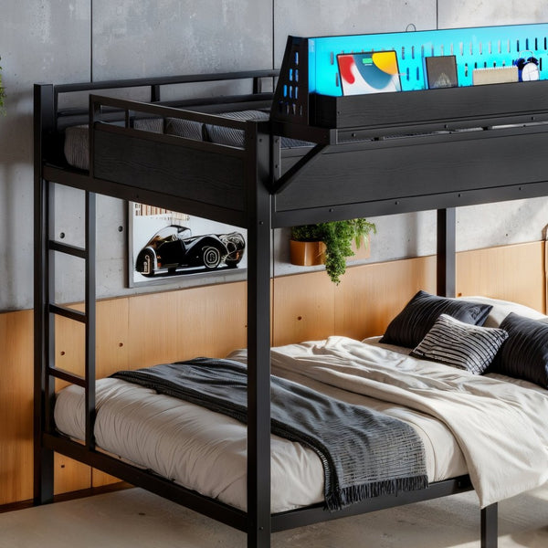 English Elm Queen Over Metal Bunk Bed with LED Lighting USB Ports Shelves and Pegboard Black W5316S00053
