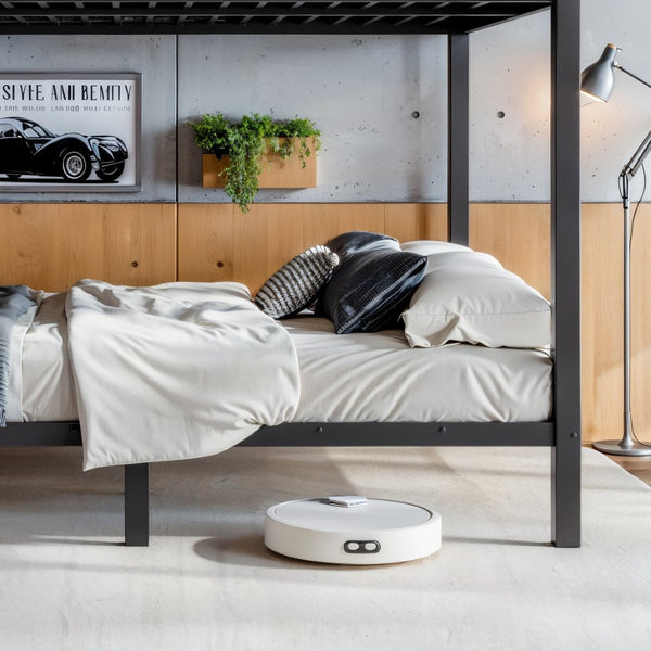 English Elm Queen Over Metal Bunk Bed with LED Lighting USB Ports Shelves and Pegboard Black W5316S00053